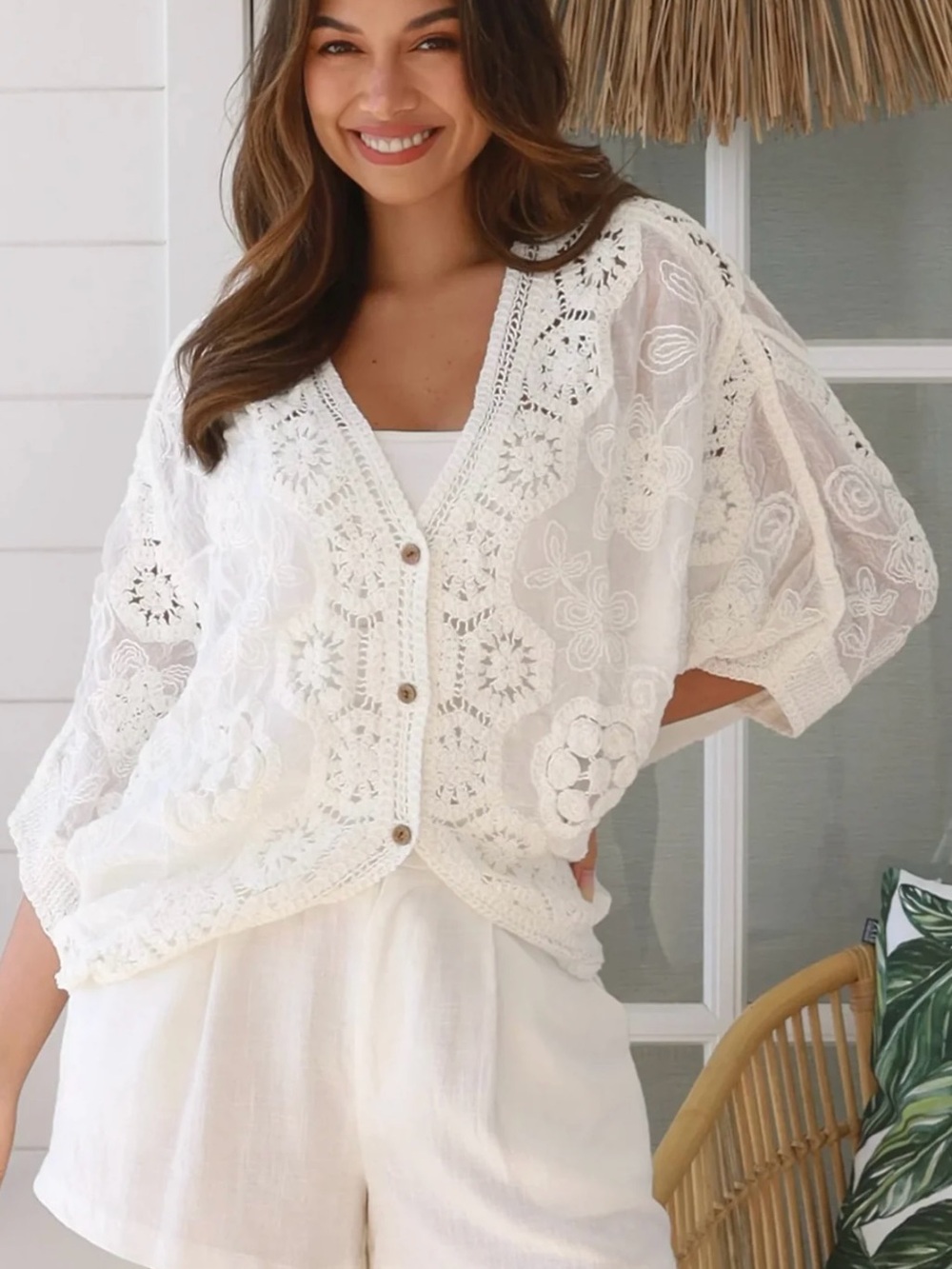 POL White Crochet Button-Front Top